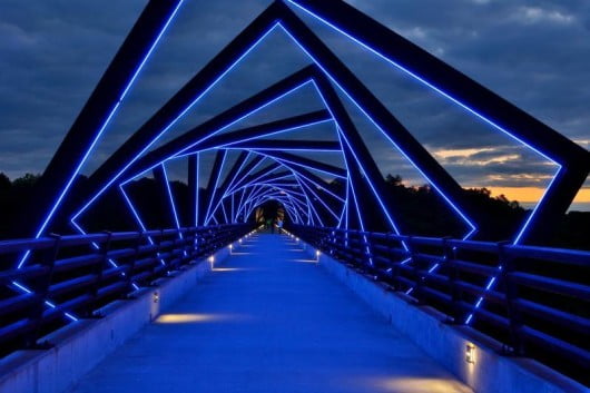 The High Trestle Bridge, illuminated at night (Register file photo)