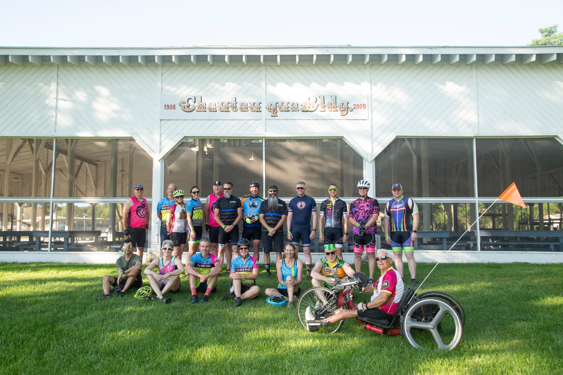 Cyclists on the RAGBRAI route inspection ride pose for a photo before leaving Sac City on Monday, June 7, 2021.