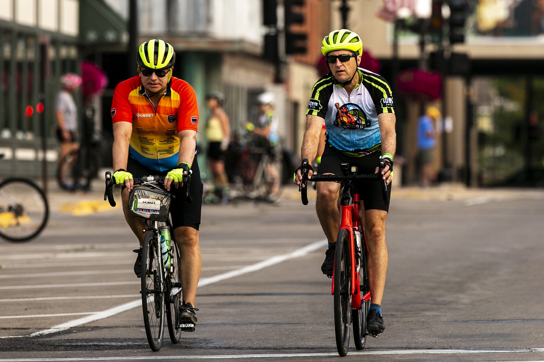 Cyclists ride out from their camps on Day 5 during RAGBRAI, Thursday, July 29, 2021, in Waterloo, Iowa.