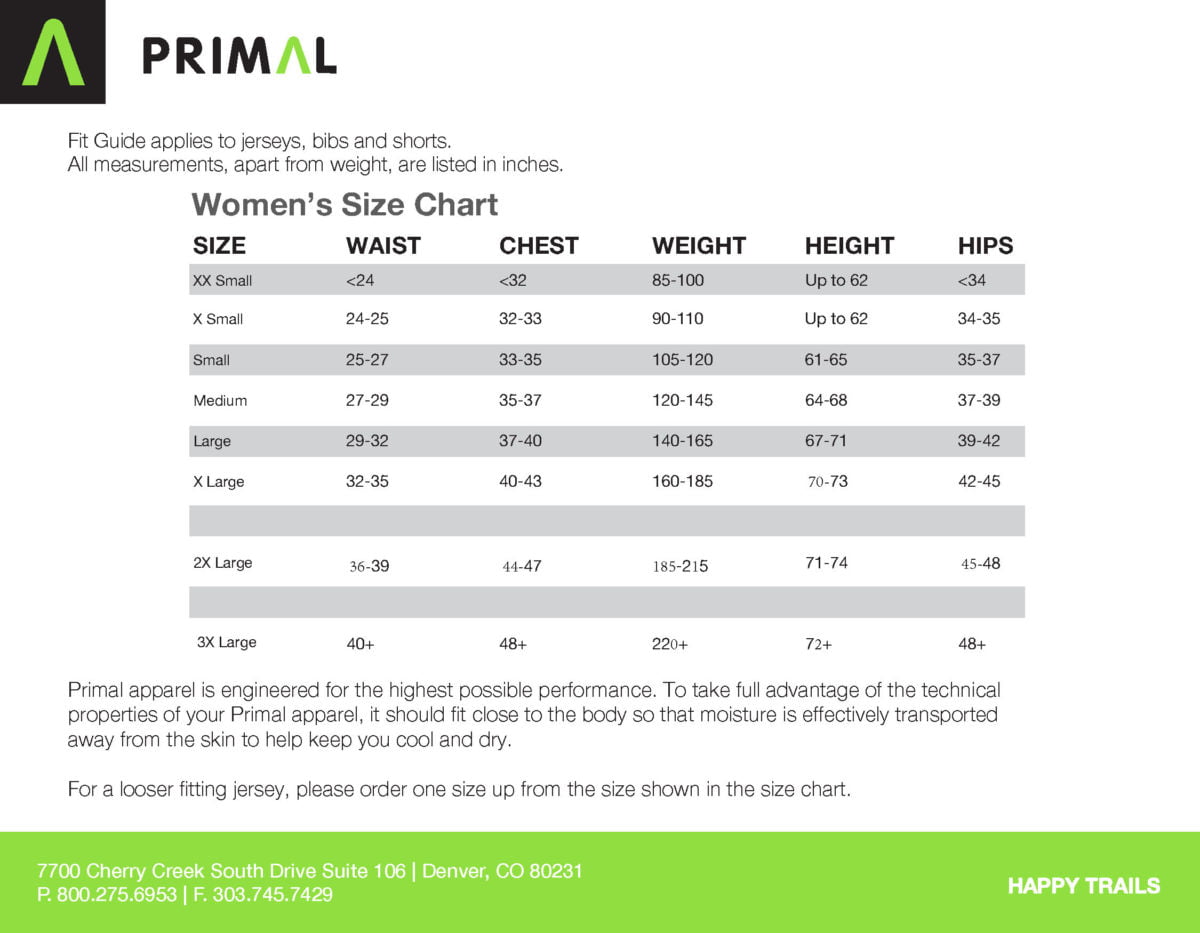 Primal Wear Size Chart