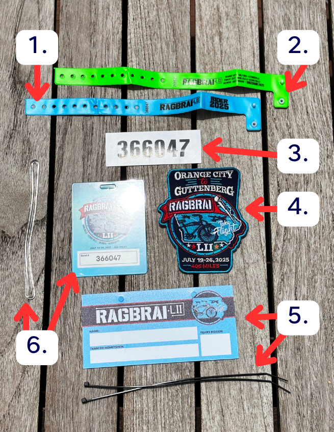 RAGBRAI 2025 LII wristband packet contents. Wristband, helmet sticker, commemorative patch, bike license plate, baggage tag, bike band.